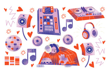 DJ equipment seamless pattern including turntables, mixer, speakers, headphones, disco ball, and music isolated on background. Flat vector style illustration. Music and party concept