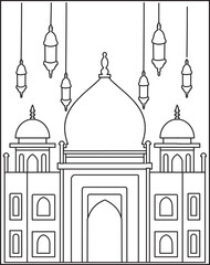 Mosque Coloring Page, Islamic Drawing, Mosque Vector Illustration, Prayer, Muslim.