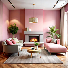 Sofa and armchairs in room with fireplace and arch ceiling. Mediterranean, minimalist interior design of modern living room.
