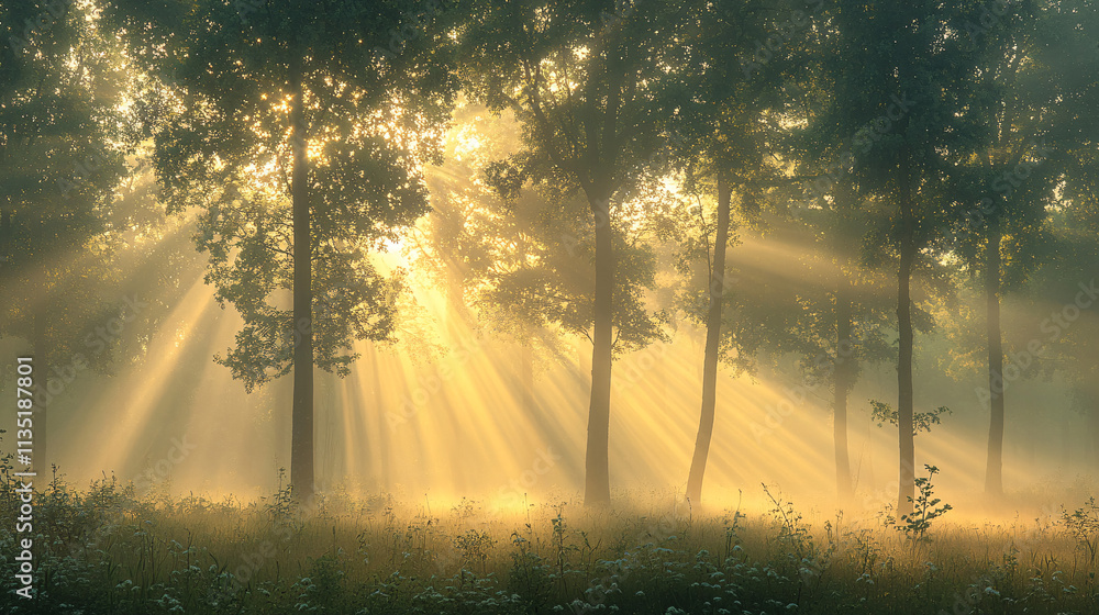 Poster a serene landscape of a misty forest at dawn, with rays of sunlight filtering through the trees and 