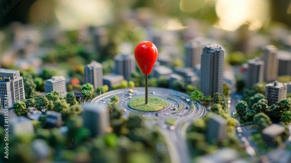 Poster a detailed miniature cityscape featuring a red map pin in a central roundabout surrounded by modern 