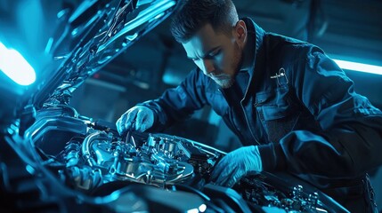 A mechanic inspecting a high-performance car engine, neon blue lights reflecting off chrome parts