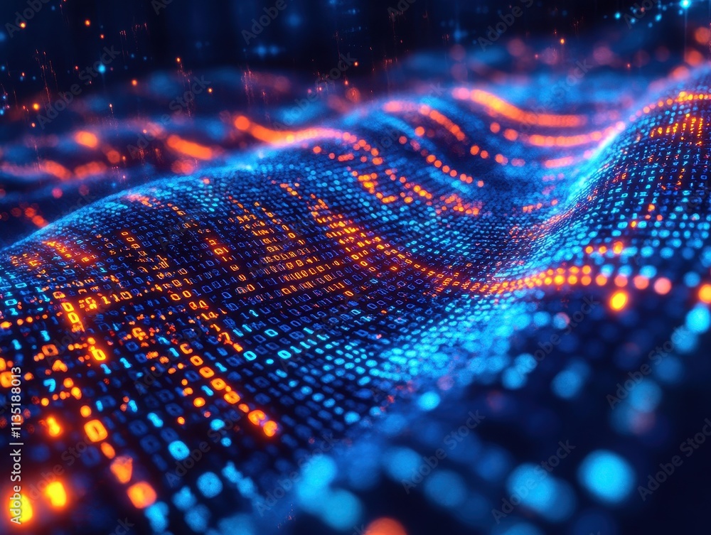 Poster abstract digital data stream wavy binary code with glowing orange accents on deep blue background.