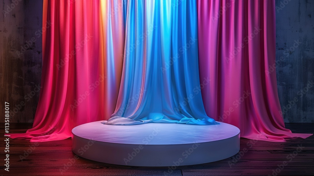 Poster a stage with colorful draped fabric, creating a vibrant and inviting atmosphere.