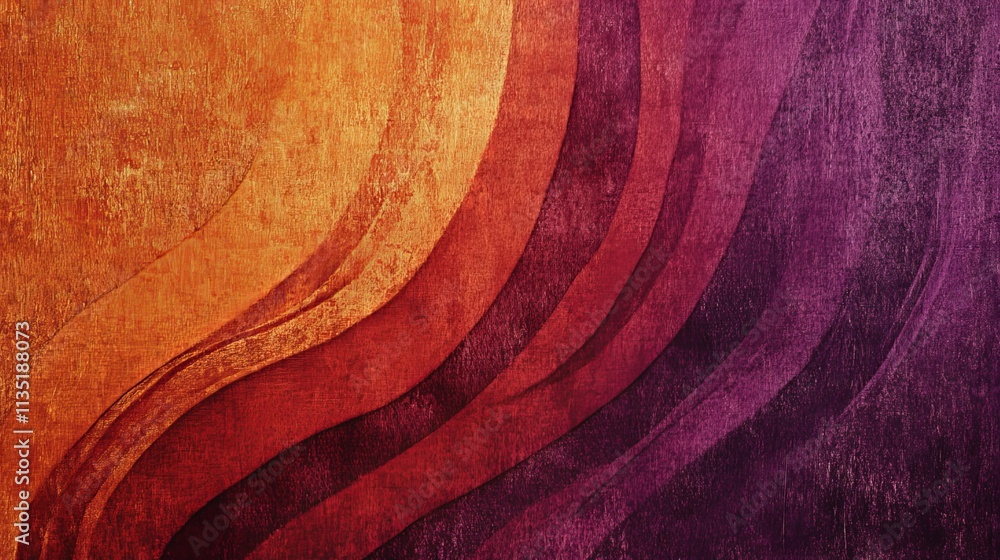 Poster a vibrant abstract image featuring wavy layers in warm orange and deep purple tones. the textured ba