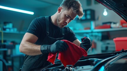 A mechanic in black gloves polishing a car engine with a red rag under focused blue lighting