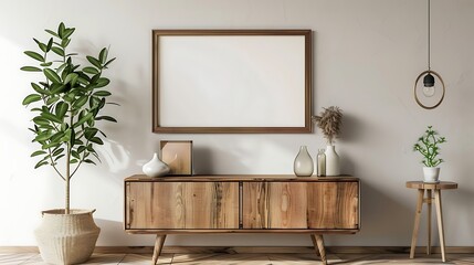 Mock up poster frame on wooden chest of drawers in modern interior. 3D rendering