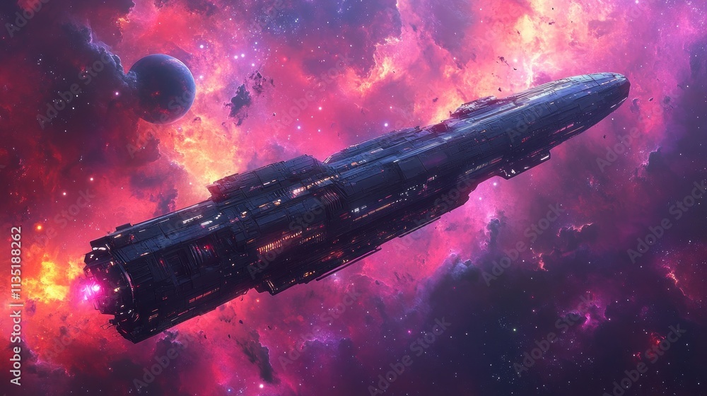 Poster a futuristic spaceship navigating through a vibrant cosmic nebula.