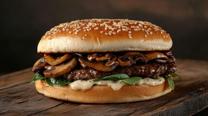 Delicious mushroom burger on a wooden board.
