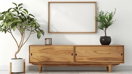 Mock up poster frame on wooden chest of drawers in modern interior. 3D rendering