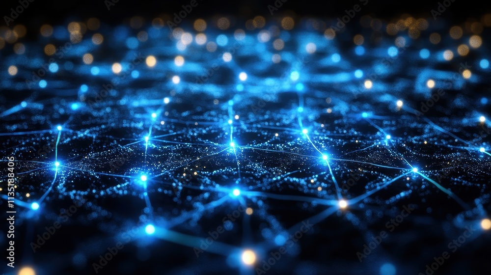 Poster abstract digital network with glowing nodes and lines, tech background.