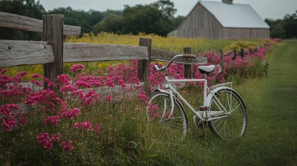 Fototapeta premium Vintage bicycle leaning against a rustic wooden fence in a field of wildflowers near a weathered barn.