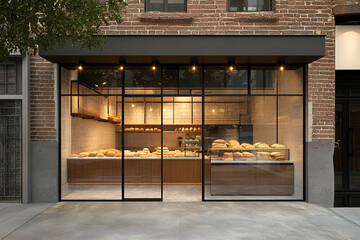 Modern bakery storefront featuring fresh bread behind glass panels