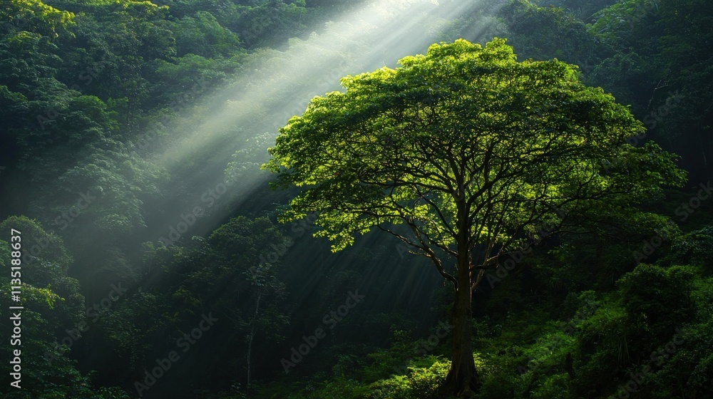 Poster a lone tree in the middle of a lush forest with sunlight breaking through the canopy, mystical and i