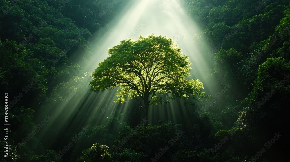 Poster a lone tree in the middle of a lush forest with sunlight breaking through the canopy, mystical and i