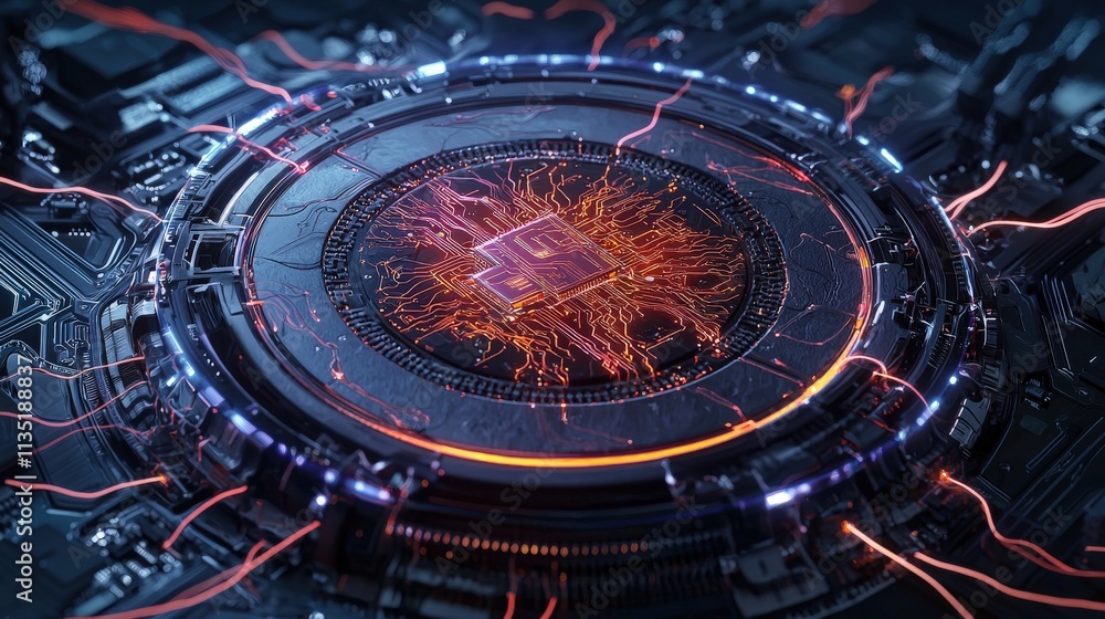 Poster A glowing CPU chip with data streams flowing around it, high-tech futuristic vibe