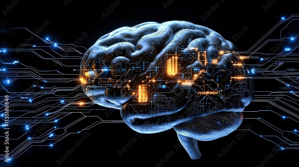 Poster a glowing ai brain connected to a futuristic digital circuit board, neon lights illuminating the bac