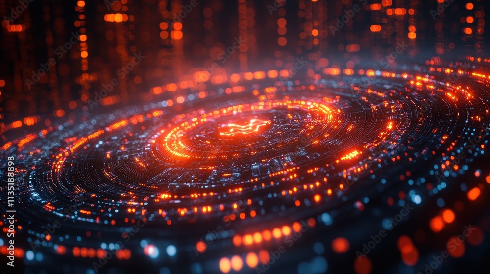 Poster abstract futuristic technology background glowing circular network with red and blue lights, digital