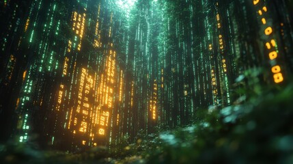 Obraz premium Enchanting Digital Rainforest Green and Gold Binary Code Cascading Through Lush Foliage - Futuristic Nature Background