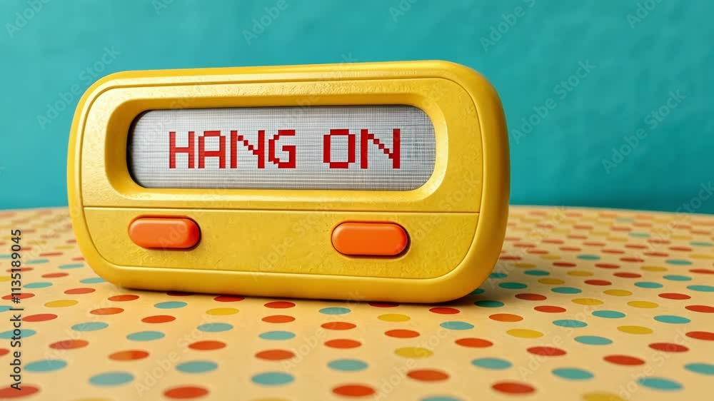 Aufkleber playful nostalgia a bright yellow pager on a playful patterned surface showing the pixelated message