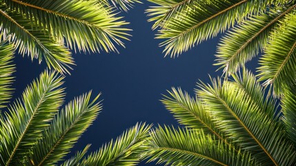 Obraz premium Tropical palm leaves frame a vibrant blue sky.