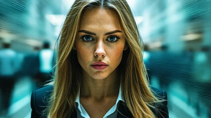 Businesswoman standing in a busy crowd with people in motion blur - Powered by Adobe
