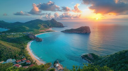 Fototapeta premium A stunning coastal landscape at sunset, showcasing serene waters and lush hills.