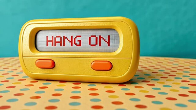 Playful Nostalgia A bright yellow pager on a playful patterned surface showing the pixelated message HANG ON in a cheerful orange. The combination of colors elevates the nostalgic