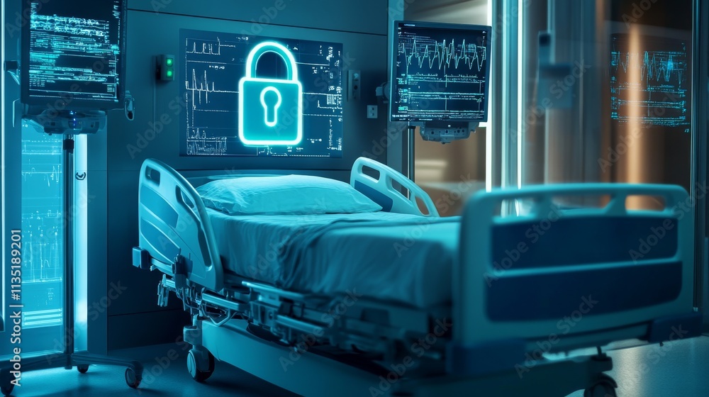Poster a hospital room with a glowing neon lock on the bed, representing the growing importance of cybersec