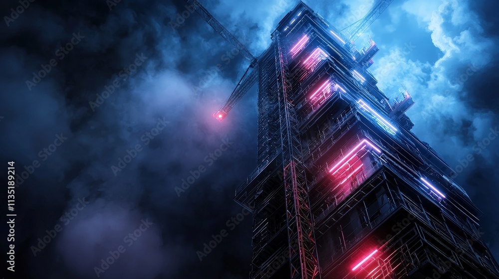 Aufkleber a futuristic skyscraper under construction, glowing neon scaffold and sharp lighting
