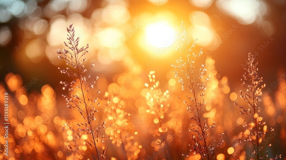 Aufkleber a sunlit field of grass with sparkling droplets, creating a serene and warm atmosphere.