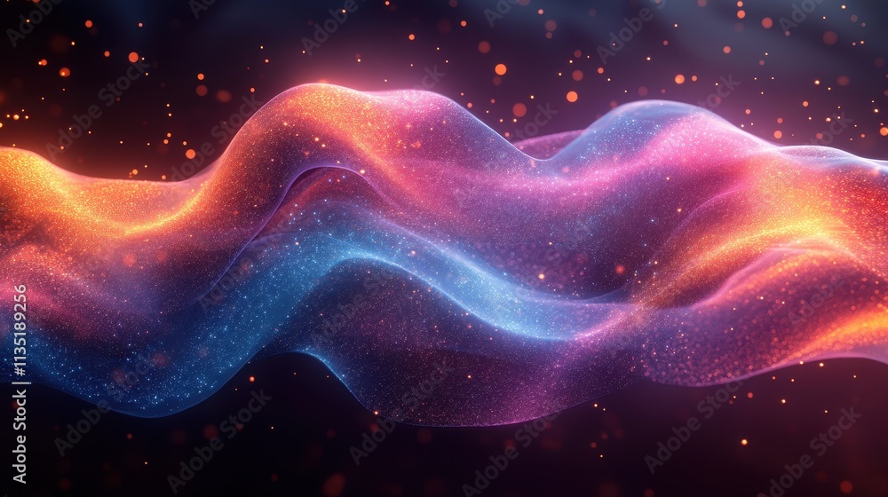 Poster abstract 3d wavy particle flow with glowing orbs on dark background.