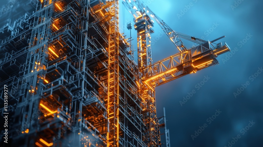 Poster a futuristic skyscraper under construction, glowing neon scaffold and sharp lighting