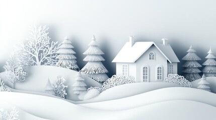 Fototapeta premium Serene Winter Wonderland: A Papercut Cottage nestled in a snowy landscape
