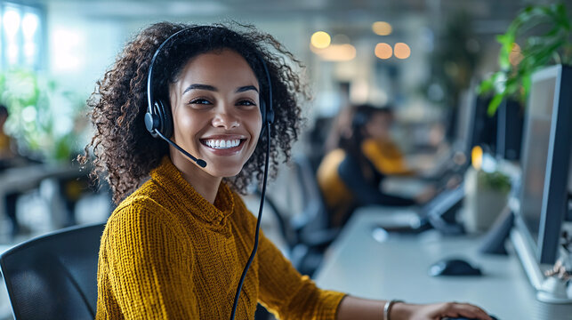 A smiling customer service representative wearing a headset, working at a desk in a bright and modern call center.  - Powered by Adobe