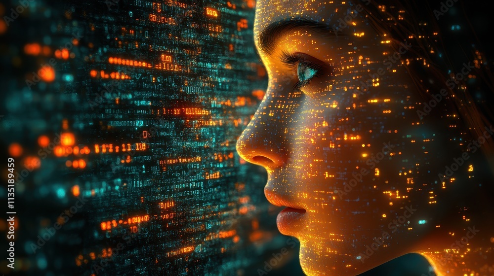 Poster digital identity woman immersed in binary code with glowing orange data projection.