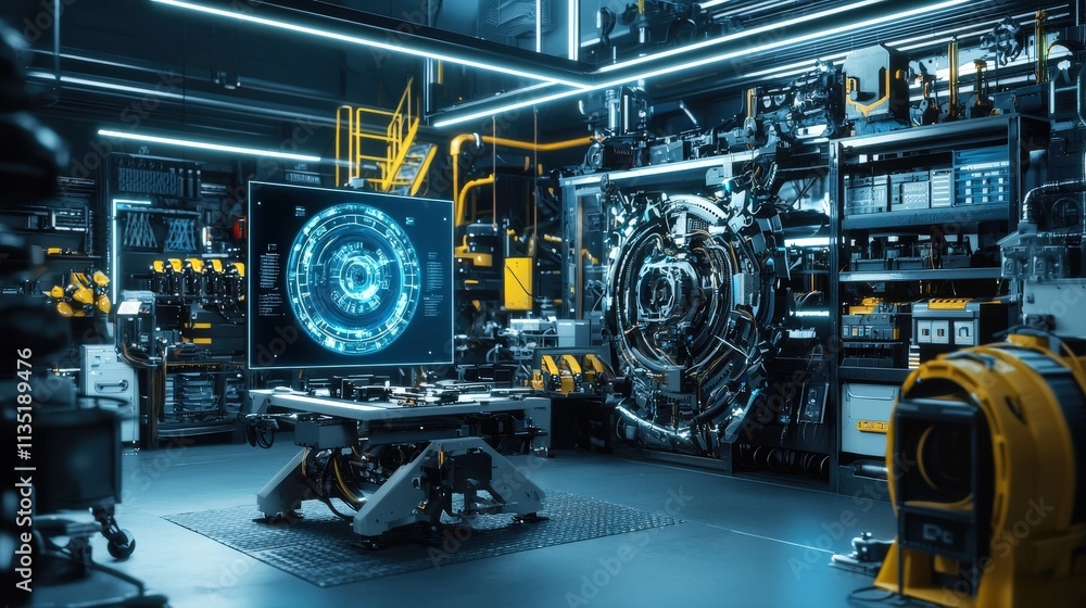 Poster a futuristic mechanic workshop with holographic tools and augmented reality interfaces, blue neon gl