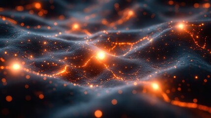 Fototapeta premium Abstract Network of Glowing Orange Connections on a Dark Wavy Surface.