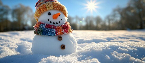 Obraz premium Cheerful snowman in a knitted hat and scarf on a sunny winter day.