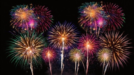 Naklejka premium Colorful celebration fireworks isolated on a night black sky background.