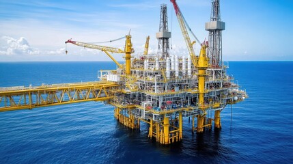 Aerial View of Offshore Oil Platform with Yellow Structures Against a Blue Ocean and Clear Sky, Highlighting Modern Engineering and Energy Production