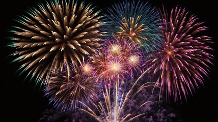 Colorful celebration fireworks isolated on a night black sky background.