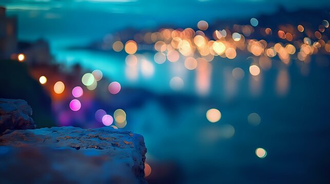 Cliff-edge new year celebrations Abstract Background With Defocused Bokeh Lights, vibrant fireworks illuminating a breathtaking ocean view