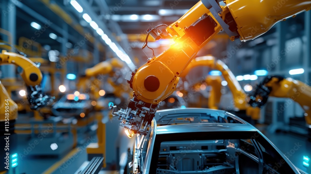 Poster a futuristic automated assembly line building vehicles under soft neon lighting