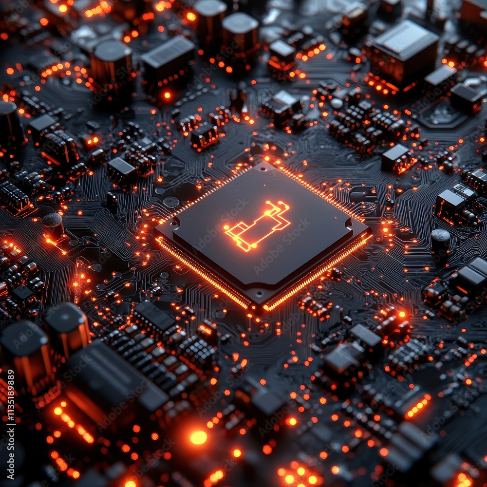 Aufkleber glowing circuit board with central processor and red emission lights, dark tech background.