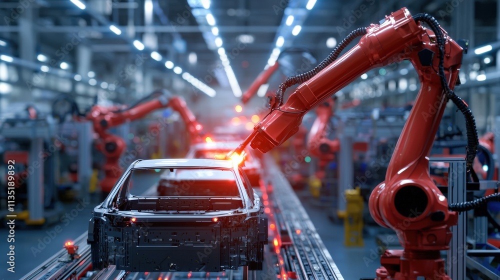 Poster a futuristic automated assembly line building vehicles under soft neon lighting