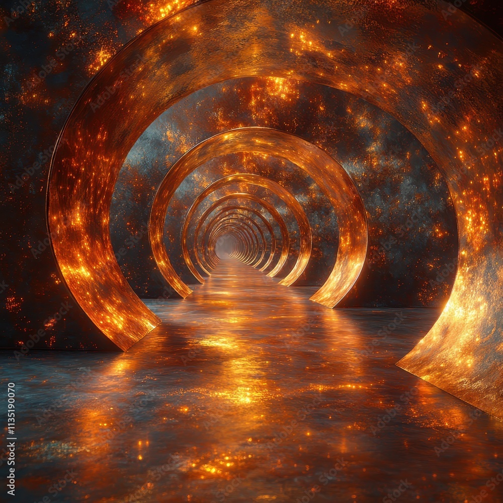 Poster glowing ember tunnel abstract 3d render of a futuristic, fiery corridor with reflective surface