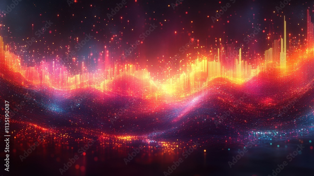 Poster abstract vibrant red and orange glowing particle wave background - digital art, technology, and data