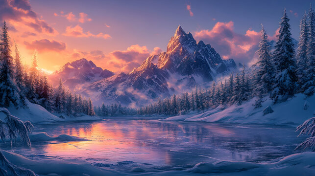 Stunning Winter Scene Featuring a Frozen Lake and Majestic Mountains at Sunset-