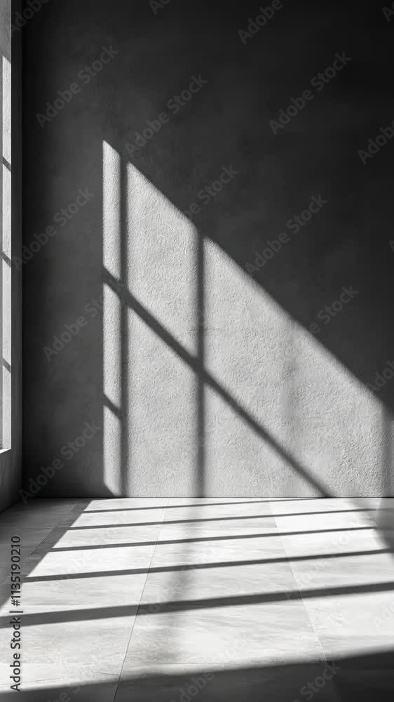 Poster light abstract streaming through a window, creating shadows in an empty industrial space with a conc